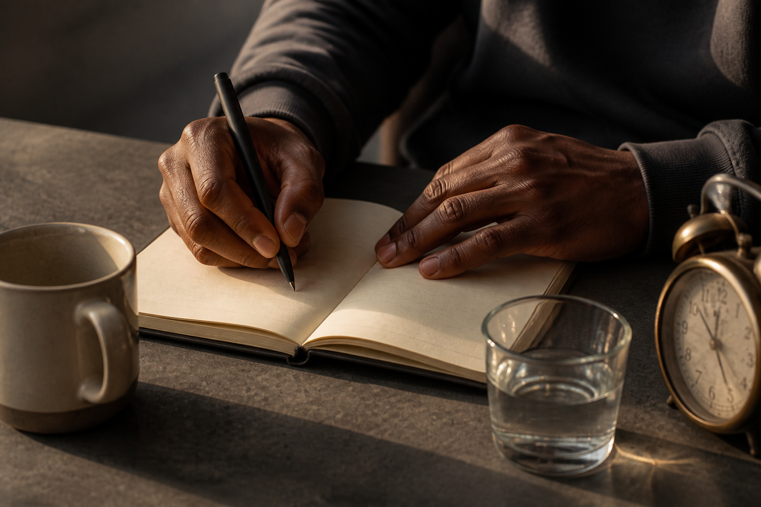 Hands writing in a notebook on a dark desk in morning light