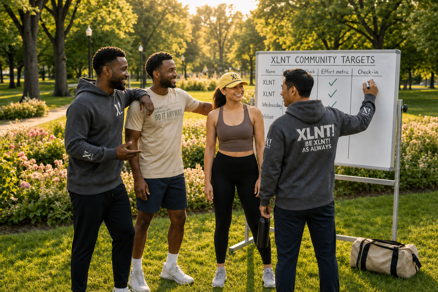 Four people around a park whiteboard in XLNT Core Fleece, Do It Anyway tee, As Always hoodie, and the XLNT Logo Golf rope cap