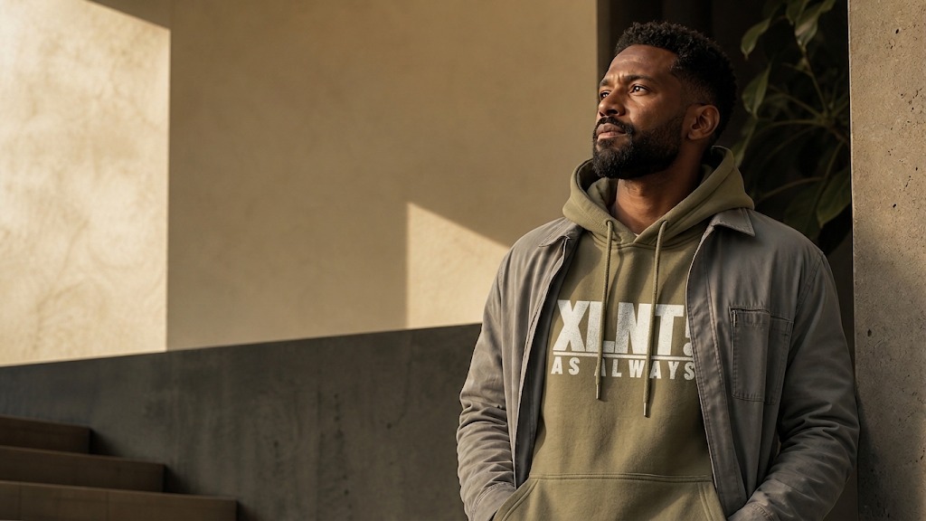 A man in an XLNT As Always hoodie layered under an open jacket, looking off camera.